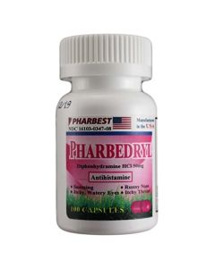 Pharbedryl Diphenhydramine HCI 50 Mg Allergy Medicine and Antihistamine - 100 Capsules #3631