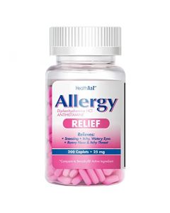 HealthA2Z® Allergy Relief | Diphenhydramine HCL 25mg | Antihistamine | Relief from Itchy Throat, Sneezing, Runny Noses | Indoor & Outdoors Allergies (200 Caplets (Pack of 1))