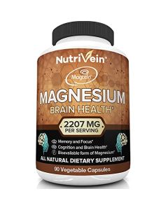 Nutrivein Magnesium L-Threonate (Magtein) 2207mg - Boosts Brain Health, Memory & Focus, Sleep & Recovery, Reduces Fatigue - 30 Day Supply (90 Capsules, Three Daily)