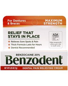 Benzodent Dental Pain Relieving Cream for Dentures and Braces, Topical Anesthetic, 0.25 Ounce Tube