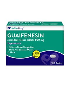 Healthy Living Guaifenesin Cough and Mucus Relief Extended-Release Tablets, 600 mg, 12 Hour Expectorant Caplet, 100 Count