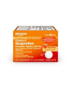 Amazon Basic Care Children’s Ibuprofen Chewable Tablets, 100 mg, Orange Flavor, Pain Reliever and Fever Reducer, For Minor Aches and Pains, Sore Throat, Headache Relief and More, 24 Count