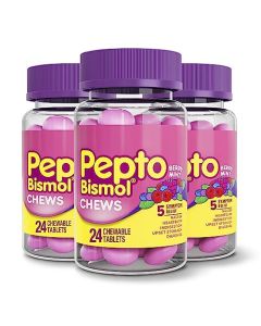 Pepto Bismol Chews, Fast and Effective Digestive Relief from Nausea, Heartburn, Indigestion, Upset Stomach, Diarrhea, Berry Mint Flavor, 72 Chewable Tablets, 24 Count (Pack of 3)