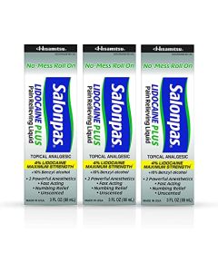 Salonpas LIDOCAINE PLUS 3 oz ROLL ON Pain Relieving Liquid! Maximum Strength 4% Lidocaine for Numbing Pain Relief! MESS FREE Application! (3 PACK)