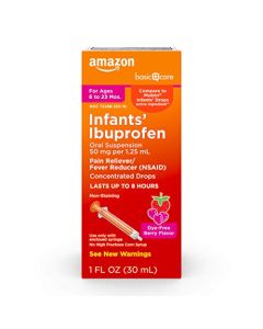 Amazon Basic Care Infants’ Concentrated Drops, Ibuprofen Oral Suspension 50 mg per 1.25 mL, Pain Reliever/Fever Reducer, Berry, Dye-Free, For Sore Throat, Headache Relief and More, 1 Fluid Ounce