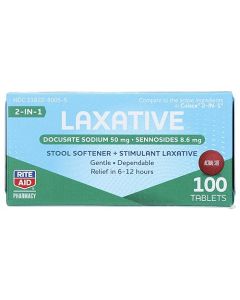 Rite Aid Stool Softener with Laxative - 100 Count, Constipation Relief, Docusate Sodium 50 mg and Sennosides 8.6 mg, Overnight Relief in 6-12 Hours | Fiber Capsules | Stool Softeners