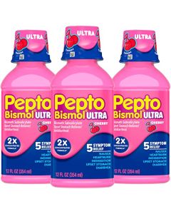Pepto Bismol Ultra Liquid, 2X Concentrated Formula, Upset Stomach Relief, Bismuth Subsalicylate, Multi-Symptom Gas, Nausea, Heartburn, Indigestion, Diarrhea Relief, Cherry, 12 OZ Liquid (3 Pack)