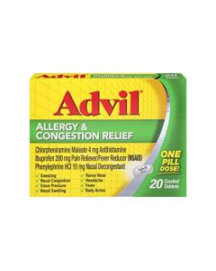 Robitussin Advil Allergy and Congestion Relief Tablets, Pain Reliever, Fever Reducer and Allergy Relief with Ibuprofen, Phenylephrine HCl and Chlorpheniramine Maleate 4 mg - 20 Coated Tablets