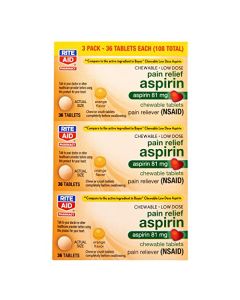 Rite Aid Low Dose 81 mg Aspirin, Chewable Tablets, Orange Flavor, 3 Bottles, 36 Count Each (108 Count Total) Pain Reliever | Chewable Aspirin Regimen | Headache Relief Pills | Aspirin 81mg for Adults