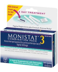 Monistat 3 Vaginal Antifungal Combination Pack, 3 Suppositories with Disposable Applicators and 1 Tube External Cream (Pack of 2)