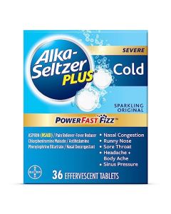 Alka-Seltzer Plus Severe Cold - Sparkling Original Powerfast Fizz Effervescent Common Cold Tablets, Sinus Congestion, Runny Nose, and Dry Cough, 36CT, Packaging May Vary