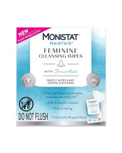 Monistat Maintain Feminine Wipes with Boric Acid for Feminine Care, Fragrance Free, 12 Ct