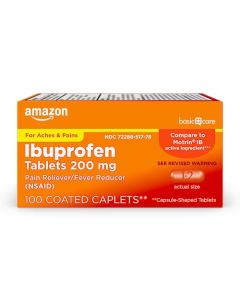 Amazon Basic Care Ibuprofen Tablets, 200 mg, Pain Reliever and Fever Reducer, For Arthritis, Toothache, Backache Pain and More, 100 Count