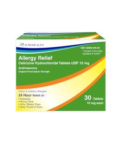 Aurohealth All Day Allergy Relief Cetirizine Hydrochloride, 10 mg Tablets, Antihistamine, 30 Count
