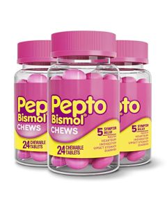 Pepto Bismol Chews, Fast and Effective Digestive Relief from Nausea, Heartburn, Indigestion, Upset Stomach, Diarrhea, 24 Chewable Tablets x 3, 72 Total (Packaging May Vary)