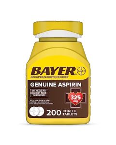 Genuine Bayer Aspirin 325mg Coated Tablets, Pain Reliever and Fever Reducer, 200 Count