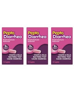 Pepto Bismol Diarrhea Caplets, Anti Diarrhea Medicine Coats Stomach for Fast Diarrhea Relief, 12 ct (Pack of 3)