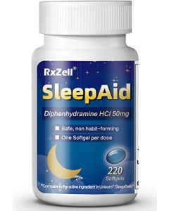 RXZELL Sleep Aid, Diphenhydramine HCl 50mg, 220 Softgels - Fall Asleep Faster, Deeper Restful Sleeping, Non Habit-Forming
