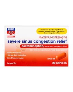 Rite Aid Severe Sinus Medicine and Nasal Decongestant, Maximum Strength - 20 Caplets | Sinus Relief | Pain Relief | Multi-Symptom Cold and Flu Medicine | Severe Cold & Sinus Medicine for Adults