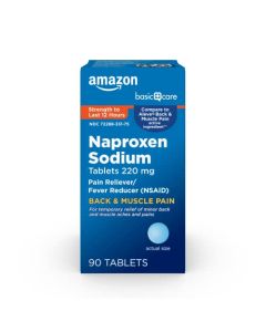 Amazon Basic Care Back and Muscle Pain, Naproxen Sodium Tablets 220 mg, Pain Reliever and Fever Reducer, For Backache, Muscular Aches, Minor Arthritis Pain, Headache and More, 90 Count