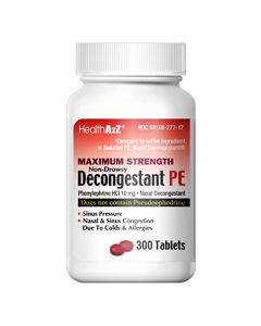 HealthA2Z® Decongestant PE | Phenylephrine HCl 10 mg | Maximum Strength | Non-Drowsy Nasal & Sinus Congestion Relief Due to Cold & Allergies (300 Count (Pack of 1))