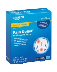 Amazon Basic Care Maximum Strength OTC Pain Relief , 4% Lidocaine Patch, 3.9” x 5.5”, 15-Count Box (Previously HealthWise)