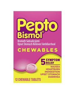 Pepto Bismol Chewable Tablets for Nausea, Heartburn, Indigestion, Upset Stomach, and Diarrhea - 5 Symptom Fast Relief, Original Flavor 12 ct