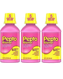 Pepto Bismol 5 Symptoms Digestive Relief Liquid, Original, 12 Ounces (Pack of 3)