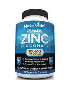 Nutrivein Premium Zinc Gluconate 100mg - 120 Capsules - Immunity Defense Boosts Immune System & Powerful Antioxidant - Promotes Healthy Skin and Acne Defense - Essential Elements for Absorption