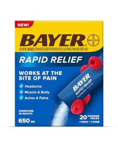 Bayer New Rapid Relief Powder Packs with Aspirin & Caffeine, Dissolvable Fast Acting Pain Relief, Works at Site of Pain to Relieve Headache, Muscle and Body Pain, Packs, Raspberry Flavor, 20 Count