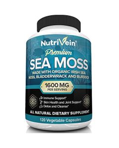 Nutrivein Organic Sea Moss 1600mg Plus Bladderwrack & Burdock - 120 Capsules - Prebiotic Super Food Boosts The Immune System & Digestive Health - Thyroid, Healthy Skin, Keto Detox, Gut, Joint Support