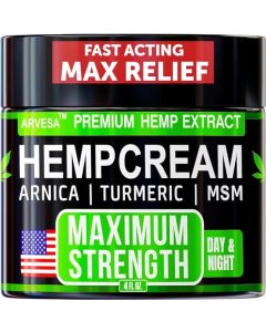 Hemp Cream Maximum Strength - Soothing Relief for Back, Neck, Hands, Feet & Nerves, Joint & Muscle - Natural Hemp Oil Extract Gel Rub with MSM - Glucosamine - Arnica - Turmeric - USA Made