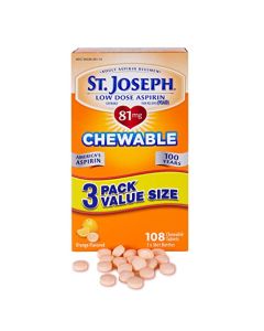 St. Joseph Aspirin Pain Reliever (NSAID) 81mg, Chewable Orange Tablets, Adult Low Dose Regimen, 108 ct (3 x 36 ct Tablets per Bottle)
