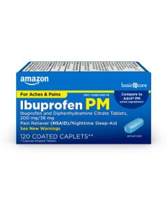 Amazon Basic Care Ibuprofen PM, Ibuprofen 200 mg and Diphenhydramine Citrate 38 mg Tablets, Pain Reliever and Nighttime Sleep-Aid, 120 Count