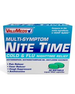ValuMeds Nighttime Cough Plus Cold and Flu Relief Medicine | 48 Pack Softgel Liquid Capsules | Helps Relieve Sore Throat, Fever, Headaches, Runny Nose, Aches