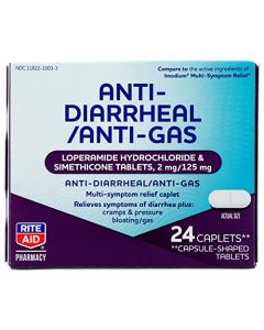 Rite Aid Anti-Diarrheal & Anti-Gas Caplets - 24 Count, Multi-Symptom Relief for Diarrhea and Gas, Loperamide HCI 2 mg and Simethicone 125 mg,