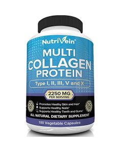 Nutrivein Multi Collagen Pills 2250mg - 180 Collagen Capsules - Type I, II, III, V, X - Anti-Aging, Healthy Joints, Hair, Skin, Bones, Nails, Hydrolyzed Protein Collagen Peptides for Woman and Men