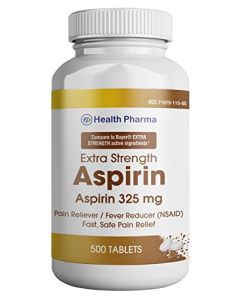 Health Pharma Extra Strength Aspirin Pain Reliever & Fever Reducer, 325 mg Tablets, White, 500 Count I Compare to Bayer Active Ingredients
